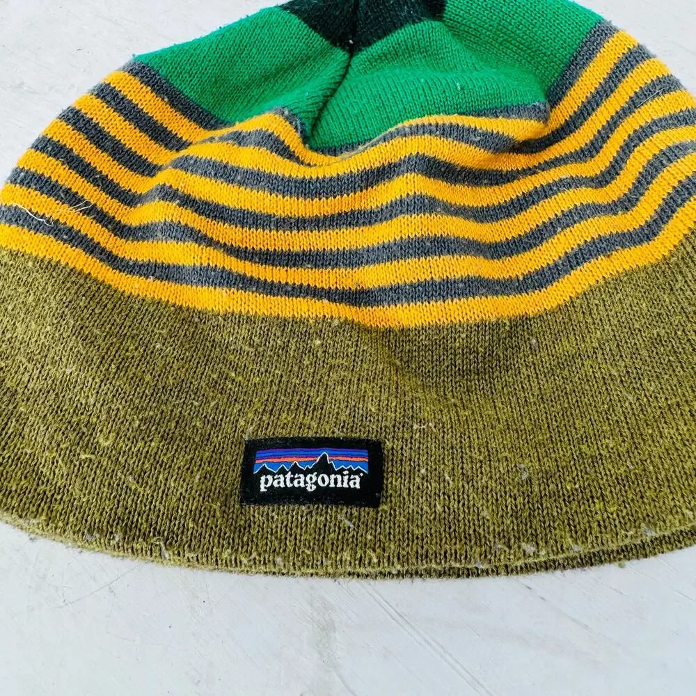 Patagonia Toddler Beanie Hat Striped Pattern‎ Knit Logo Patch Green Yellow Boys